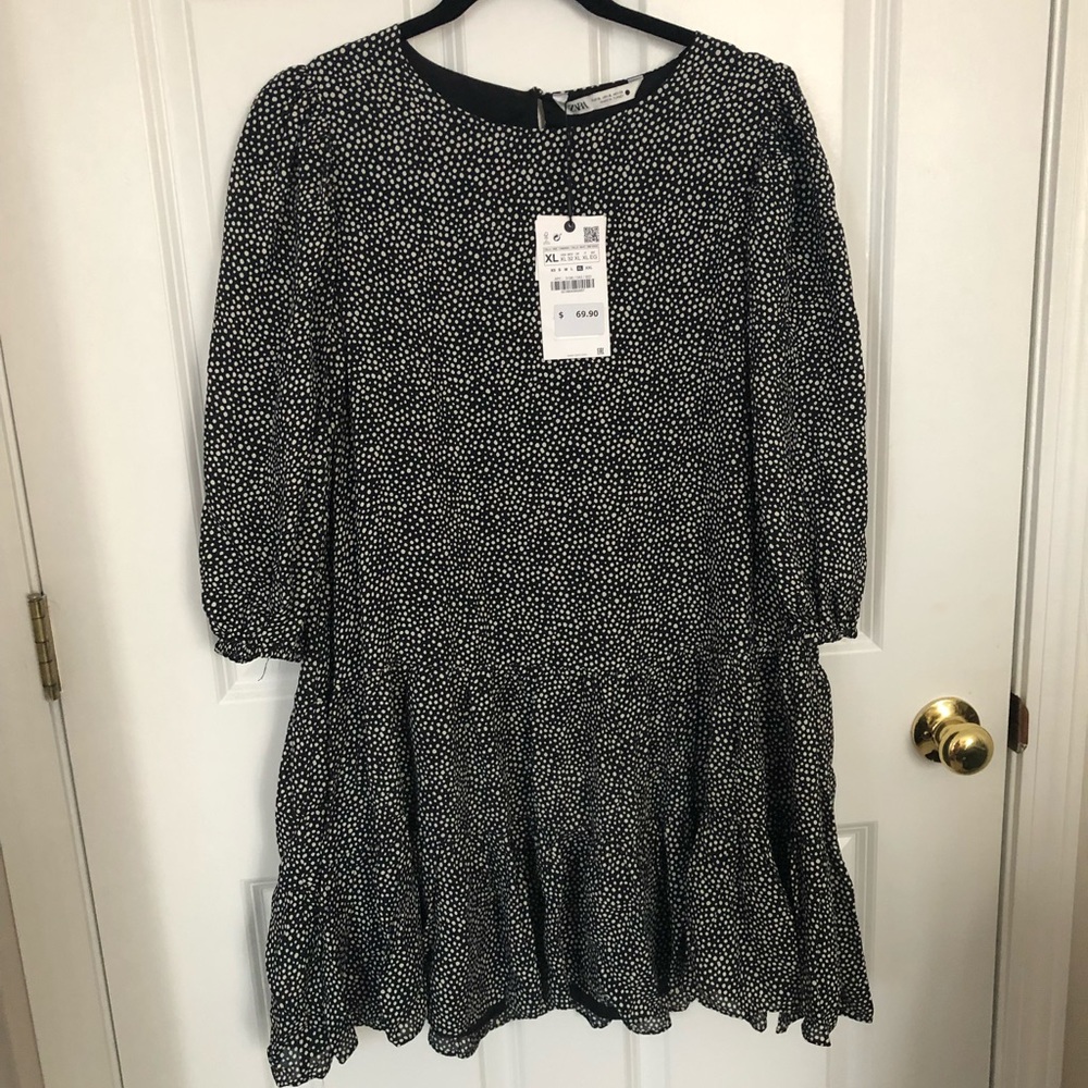 Zara black and white polka dot drop waist dress